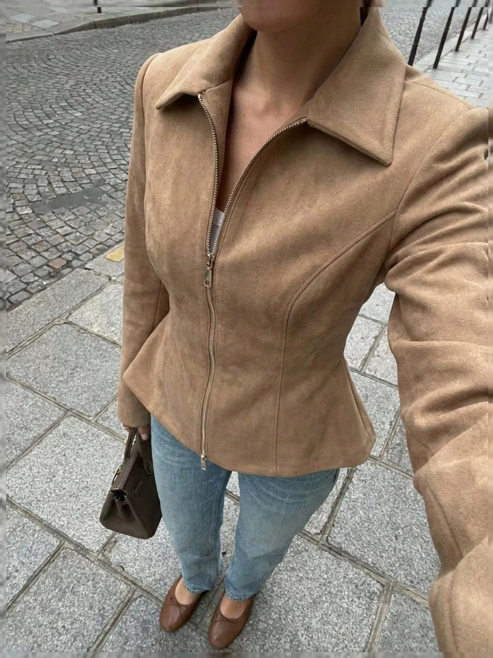 ZARA Autumn Winter Suede Belted Waist Slimming Jacket Khaki Retro Vintage
